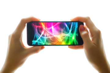 Hands holding a smartphone displaying colorful abstract light patterns isolated on transparent background. Horizontal screen in hands mobile smartphone mockup in hands isolated on white background.