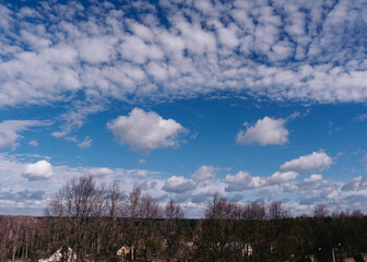 Bright blue sky with white clouds. Great background with copyspace