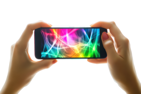 Hands holding a smartphone displaying colorful abstract light patterns isolated on transparent background. Horizontal screen in hands mobile smartphone mockup in hands isolated on white background. - Powered by Adobe