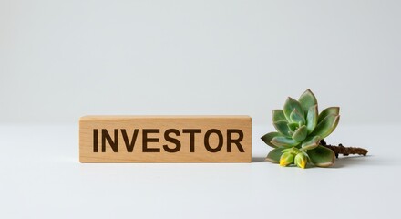 Wooden block labeled INVESTOR resting on white surface