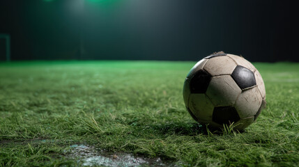 Fototapeta premium Dramatic soccer ball on green field background