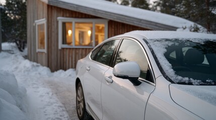 Obraz premium Snow-kissed car by a cozy cabin, Nordic winter retreat, hygge escape, and joyous Yule celebrations under frosty twilight