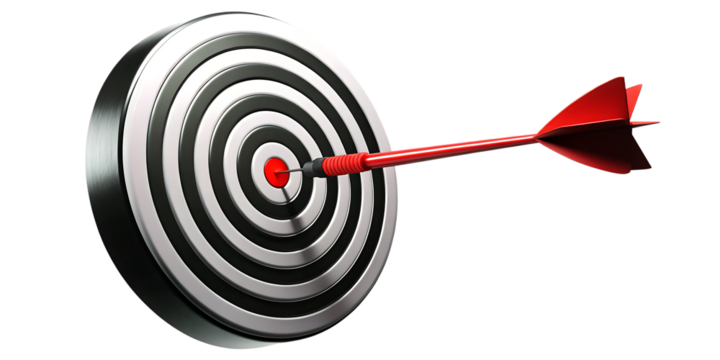 Red dart hitting bullseye on silver target isolated on a transparent background image