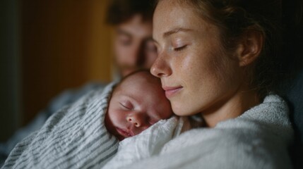 In the cozy twilight, a serene Caucasian mother cradles her newborn during Baba Marta, celebrating lifes tender embrace