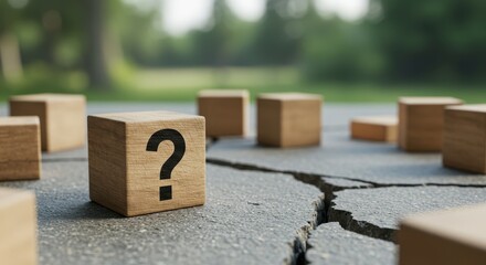Wooden Block With Question Mark Near Cracked Surface Outdoors
