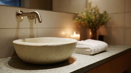 Serene stone basin beside flickering candle, hygge ambiance, perfect for National Relaxation Day or mindful tranquility rituals