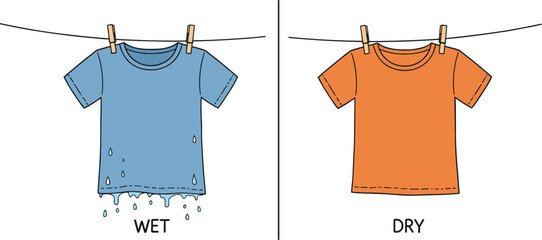 Cartoon vector illustration of wet and dry clothes hanging on clothesline, comparison concept, laundry drying process, household cleaning and washing.