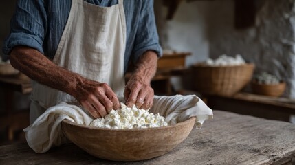 Rugged hands of Caucasian male crafting rustic cheese evoke artisanal traditions, embodying Slow Food ethos and Cheese Rolling Festival charm