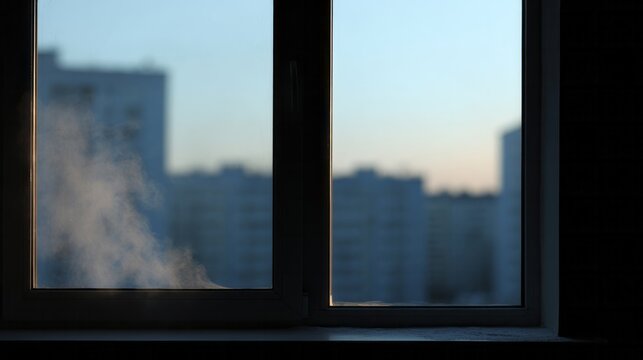 A misty dawn skyline framed by an urban window whispers of Hygge comforts and urban solstice serenades