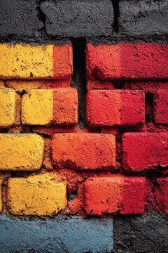 Painted brick wall section in yellow, orange, and red