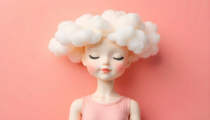Naklejka premium a, doll, cute, with, soap, clouds, on, the, head, toy, woman, child, baby, plastic, beauty, art, new, foam, modern, minimalist, fun, kid, hairstyle, snow, pink, on, solid, background, copy, space, ad