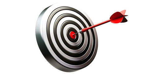 Red dart hitting bullseye on target board isolated on a transparent background arrow