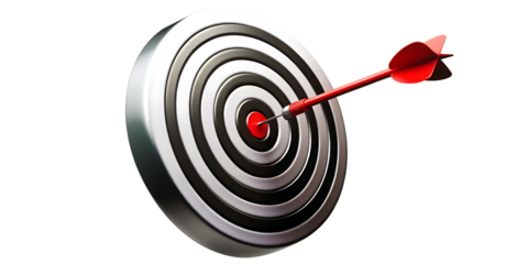 Red dart hitting bullseye on target board isolated on a transparent background arrow