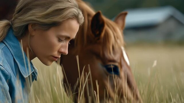 female painter capturing horses grazing in meadow soft neighing gentle breeze rural calm authenticity three quarter wide angle cinematic color correction gentle backlight clean