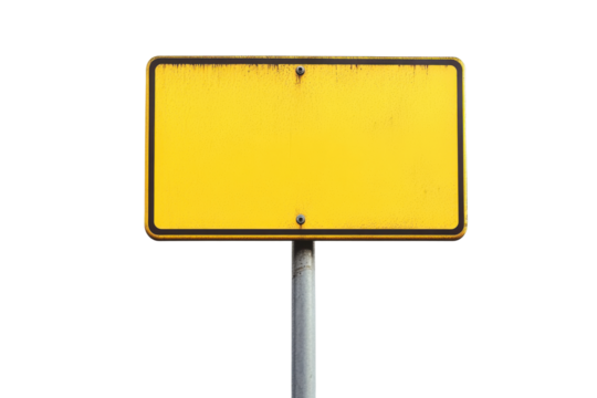 Old yellow rectangular road sign on a pole isolated on transparent background. Yellow street sign isolated on white background.