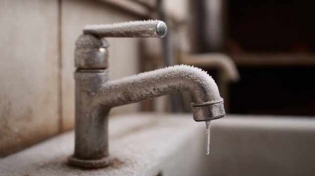 Frozen faucet in frosty oblivion, capturing winters icy grasp; World Plumbing Days chilly conundrum, unexpected arctic decay