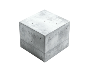 Angled, close-up of a textured, grey concrete cube on a black background