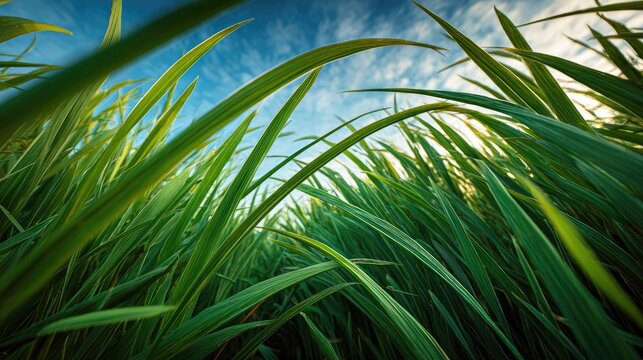 Lush green grass blades reaching towards a vibrant sky