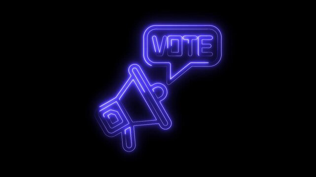 Animated neon vote megaphone on black background encouraging voter turnout during elections