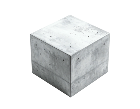 Angled, close-up of a textured, grey concrete cube on a black background