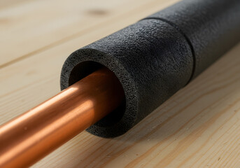 Close up of black foam pipe insulation around copper pipe, preventing heat loss and condensation, improving energy efficiency and protecting pipes