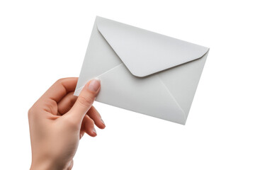 Hand holding a small white envelope isolated on transparent background. Hand holding postcard mockup isolated on white background.