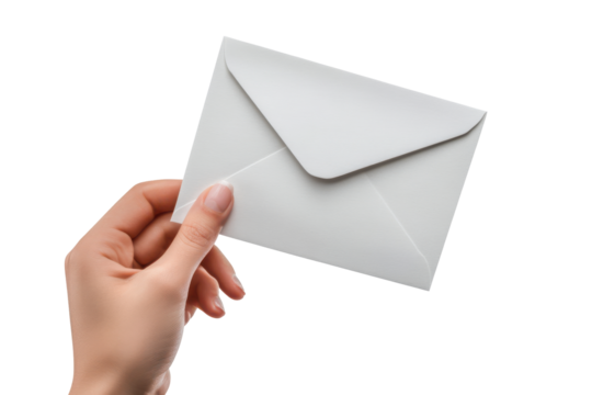 Hand holding a small white envelope isolated on transparent background. Hand holding postcard mockup isolated on white background.
