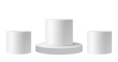 Three white cylindrical podiums, varying heights