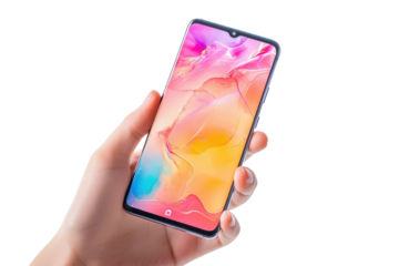 Hand holding a modern smartphone with a colorful abstract wallpaper isolated on transparent background. Hand holding smart phone screen mockup isolated on white background.
