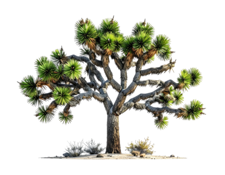 Isolated, sprawling desert tree with green spiky foliage, dark background