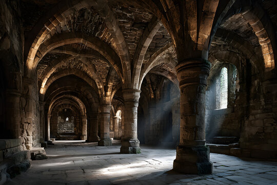 Stone vaulted ceiling and pillars in the medieval undercroft of Lanercost Priory