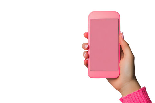 Hand holding a pink smartphone isolated on transparent background. Hand with phone mockup in vertical position isolated on white background.