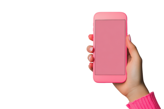 Hand holding a pink smartphone isolated on transparent background. Hand with phone mockup in vertical position isolated on white background.