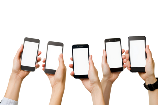 Multiple hands holding smartphones with blank screens isolated on transparent background. Hands holding mobile phone white screen mockup set isolated on white background.