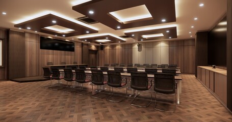 Modern conference room interior with wooden wall panels, ceiling lights, and presentation setup.
