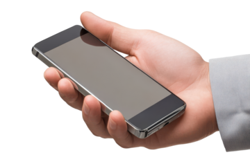 Close up of a hand holding a smartphone isolated on transparent background. Male hand holding smart phone mockup screen isolated on white background.
