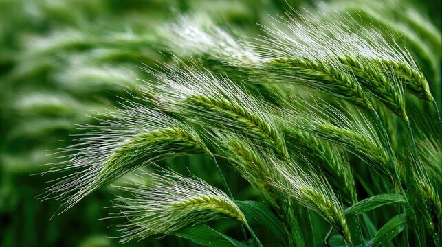 Green wheat stalks swaying in a breeze