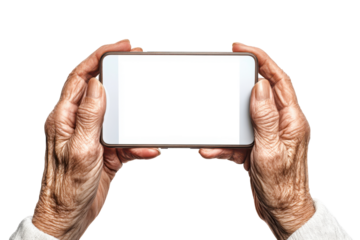 Elderly hands holding a blank white screen isolated on transparent background. Mobile phone mockup in old female hands set Smartphone screen mockup isolated on white background.