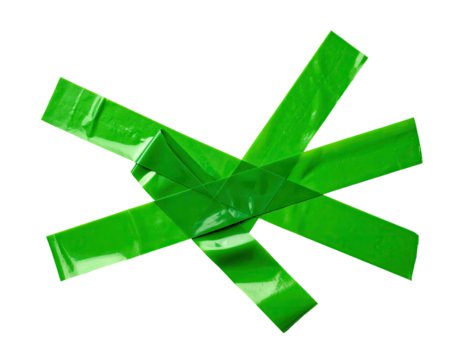 Overlapping vibrant green adhesive tape strips, angled, on a black background