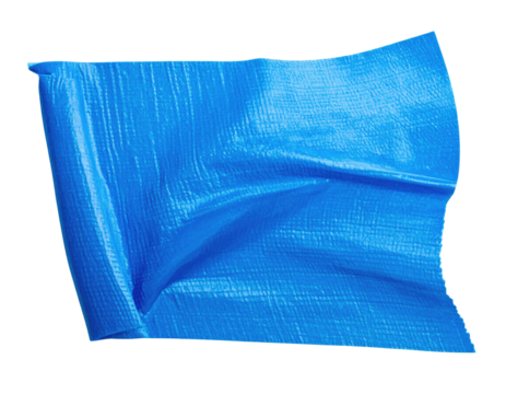 Bright blue rectangular sheet of plastic, rippled and curved, on a black background