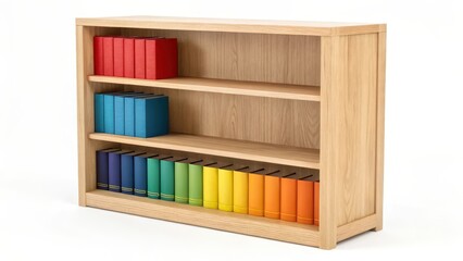 Wooden bookshelf with three shelves holding colorful books