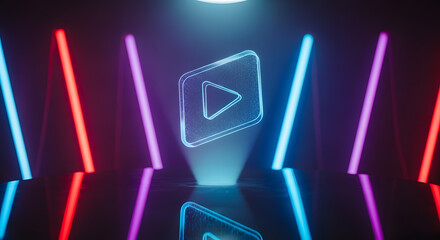 Neon Play Button Symbol with Futuristic Lighting