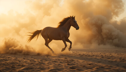 A brown horse gallops powerfully through a dusty landscape at sunset light