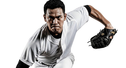 Intense Male Baseball Player in White Uniform Black Glove MidPitch Action Focused Expression.
