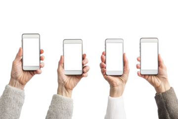 Hands holding smartphones with blank screens isolated on transparent background. Mobile phone mockup in old female hands set Smartphone screen mockup isolated on white background.