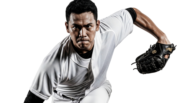 Intense Male Baseball Player in White Uniform Black Glove MidPitch Action Focused Expression. - Powered by Adobe