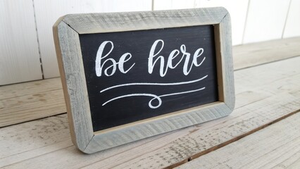 Wooden chalkboard sign with the words Be Here