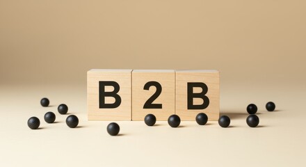 Wooden Cubes Displaying B2B Concept with Black Spheres on a Beige Background