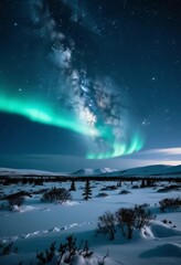 A stunning display of northern lights illuminates the starry night sky over a tranquil, snow covered landscape Generative AI