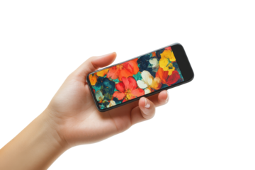 Hand holding a smartphone with a colorful floral screen isolated on transparent background. Mobile phone screen mockup in hand isolated on white background.
